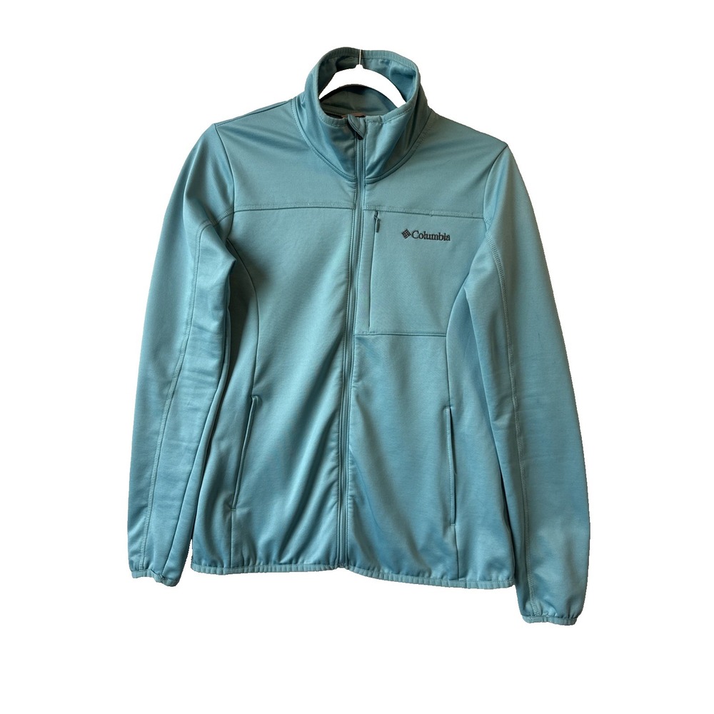Columbia Fleece Lined Full Zip Mock Neck Athletic Jacket M Teal Hiking Outdoors
